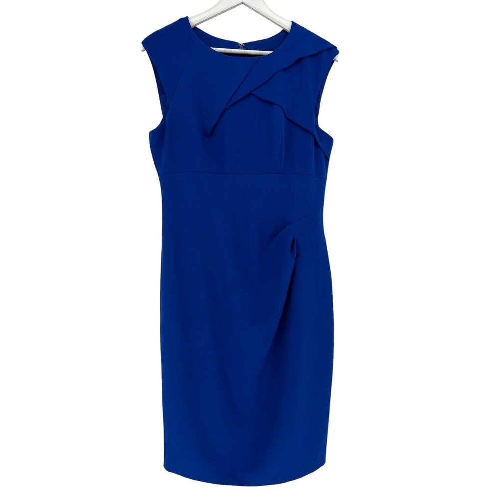 Adrianna Papell Sheath Dress Womens 12 Blue Asymmetrical Pleated Formal Office